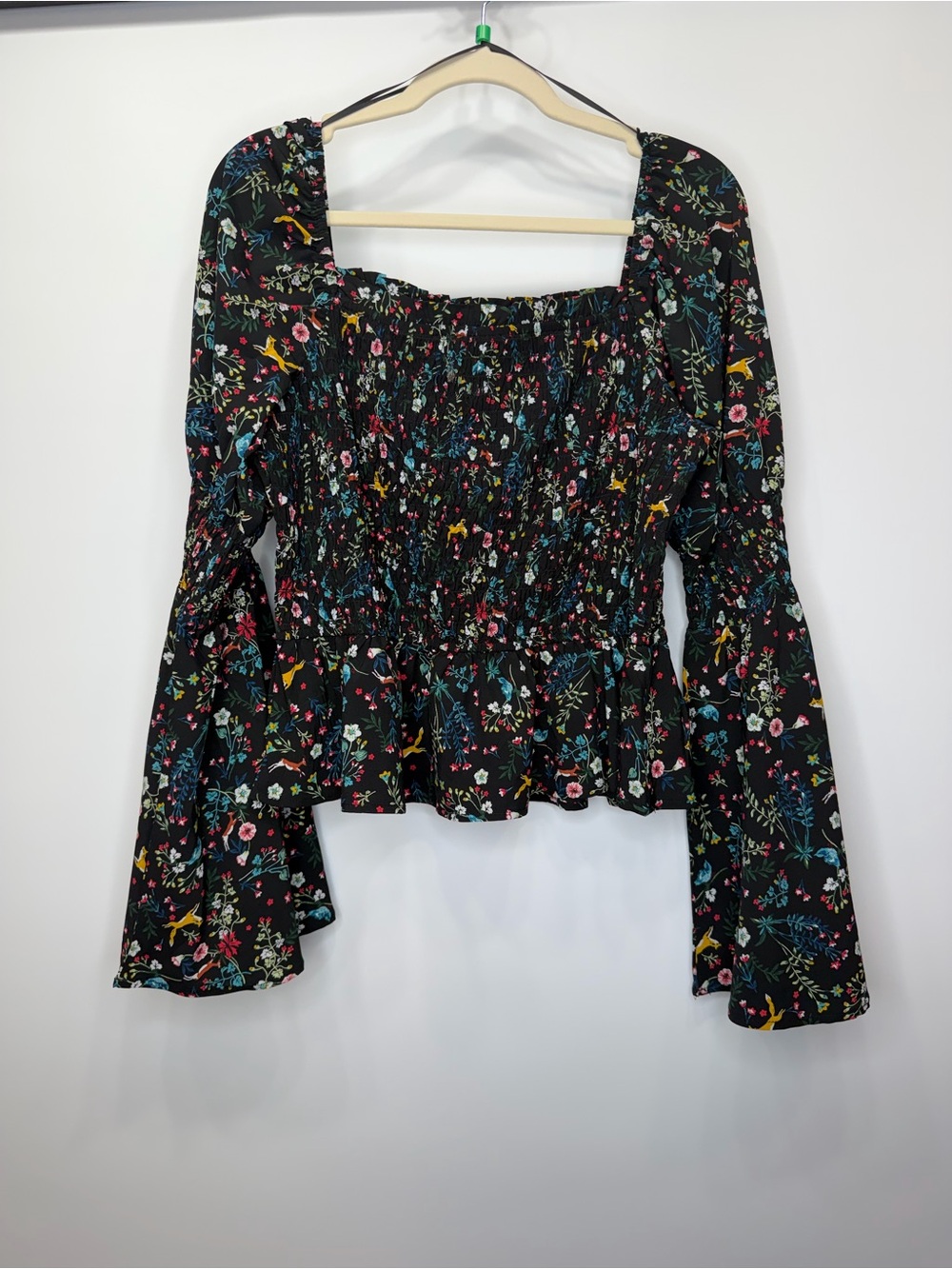 meraki Black Floral Smocked Square-Neck Blouse